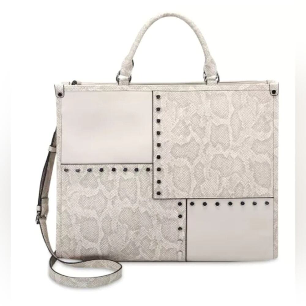 INC Caitlinn XL Studded/Patchwork 'Snakeskin' Tote Crossbody/Handbag in Bone NWT